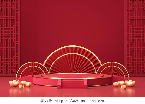 红色c4d中国风电商产品展示台电商海报背景C4D展台背景